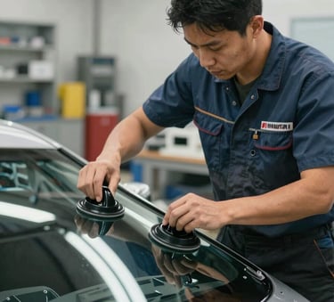 A professional auto glass technician in a clean uniform carefully lifting a new windshield with suction handles, North American workshop setting, bright and efficient atmosphere.