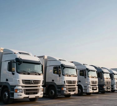 A fleet of modern logistics trucks parked in a clean, professional bay at sunrise, cinematic lighting with #0A192F shadows and #7094B9 sky highlights, representing the logistics sector of recruitment.