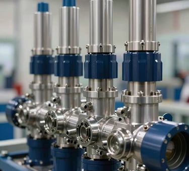 A close-up photograph of integrated hydraulic and pneumatic valves in a modern North American / US industrial facility. The machinery is clean, featuring steel blue and deep navy components, reflecting precision engineering under bright, professional studio-style lighting.