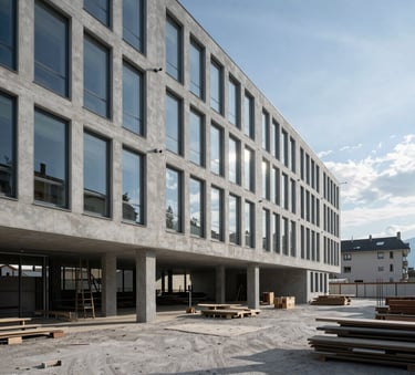 Int9rieur d'un b2timent moderne en fin de chantier, sols en b9ton polis et vitres 9tincelantes, lumi2re naturelle du Valais, tons gris clair et bleu ardoise, photographie professionnelle.