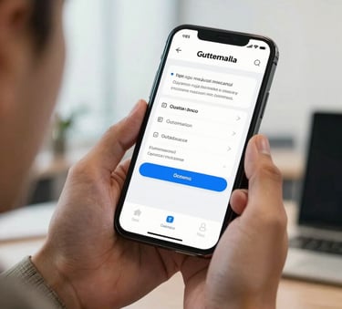 A close-up photograph of a modern smartphone held by a professional in Central American attire, showing a clean digital insurance application interface, soft natural lighting in a bright Guatemalan office.
