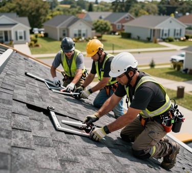 A professional roofing crew working together on a dark shingle roof in a North American / US residential neighborhood. Bright, professional photography with focus on safety equipment.
