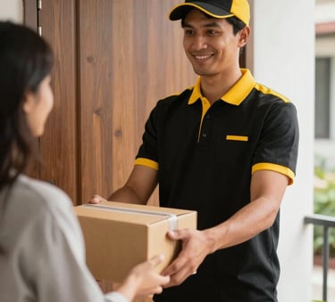 A smiling delivery driver in a Jet Black and Saffron Yellow uniform handing a package to a person at a modern residential wooden door, creating an atmosphere of empathy and service.