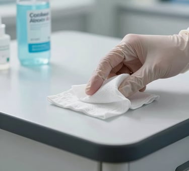 Close-up of a gloved hand using a professional-grade disinfectant wipe on a sleek medical examination surface, bright clinical lighting, North American / US clinic.
