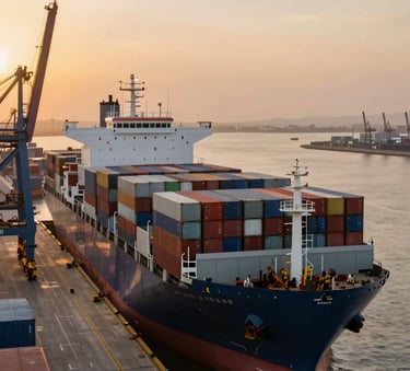 A high-angle cinematic shot of a massive container ship being loaded at a modern industrial port, with a backdrop of a vast desert horizon during sunset. The lighting is golden and sophisticated, featuring a color palette of #3C3C3B and #7E6D5D.