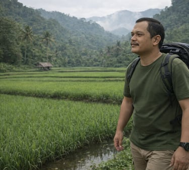 poto armando sinaga berjalan di persawahan