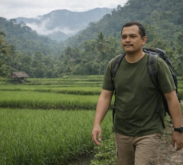 poto armando sinaga sedang berjalan di persawahan