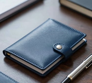 Close-up of a high-quality leather folder and a silver fountain pen on a polished desk, representing managerial authority and high-level training, using professional lighting and a palette featuring #0A1D2B and #88A7B5.