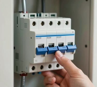 A close-up photograph of a modern electrical circuit breaker panel inside a Southern European / Spanish home. A professional hand is adjusting a switch. The lighting is crisp and clear, highlighting the Steel Blue and Pale Grey elements of the device.