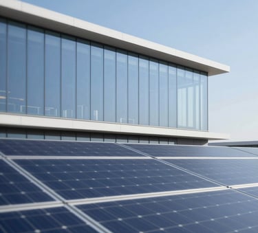 A high-end solar energy installation on a modern architectural building under a clear sky. Minimalist composition with sleek lines, reflecting the brand colors #5E9CD1 and #F8F9FC. Sharp focus, professional photography style.