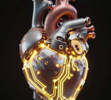 A high-fidelity 3D render of a futuristic mechanical heart, illuminated by glowing yellow circuitry #FFFF00 against a pitch black background #000000, sleek and cinematic.