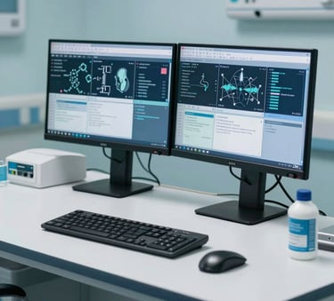 A clean, modern medical workstation in a North American hospital, featuring dual monitors displaying professional clinical data, high-end desk organization, and a soft Pale Blue and Teal lighting atmosphere.