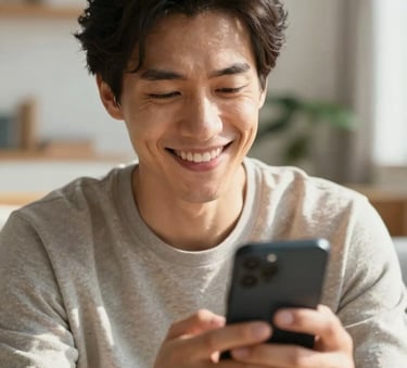 A close-up of a friendly person smiling brightly in a sunlit, modern living room in a Central European / German home, looking at their smartphone with an expression of relief and confidence. The style is clean, warm, and professional, using a soft depth of field.