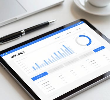 A close-up of a professional desk with a tablet displaying a financial planning application, a pen, and a warm cup of coffee. The lighting is bright and airy, incorporating brand colors #B8D3E7 and #F4F7F9 to evoke a sense of organized, approachable financial strategy.