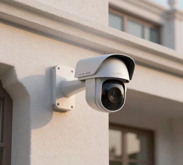 A close-up photograph of a modern, sleek smart security camera mounted on the exterior wall of a luxury Middle Eastern / Gulf villa, soft evening sunlight, professional and secure atmosphere.