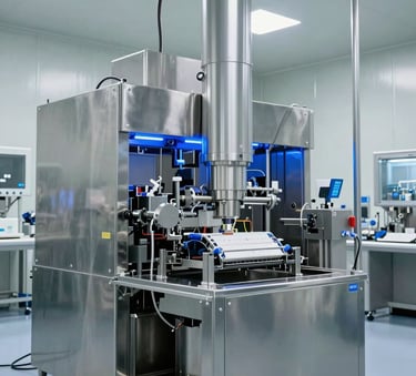 A wide-angle professional photograph of a sterile, modern pharmaceutical production hall in a North American industrial facility, featuring advanced automated packaging machinery with stainless steel surfaces and blue light accents.