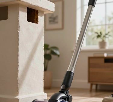 A close-up of a high-tech HEPA filtration vacuum being used by a chimney sweep in a US home to ensure no dust or soot enters the living space.