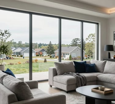 Elegant interior of a modern living room with floor-to-ceiling windows overlooking a North American suburban landscape, bright natural light, contemporary furniture in light gray and navy blue tones.