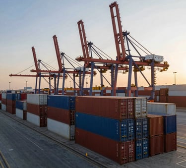 A wide-angle photography shot of large shipping containers being expertly managed at a busy South Asian cargo port at dawn, with golden sunlight catching the industrial cranes, symbolizing international trade and import-export operations.