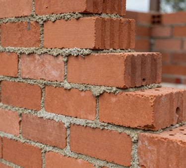 Detailed shot of high-quality red ceramic bricks and smooth mortar, demonstrating precise masonry craftsmanship in a South American construction setting, natural daylight.