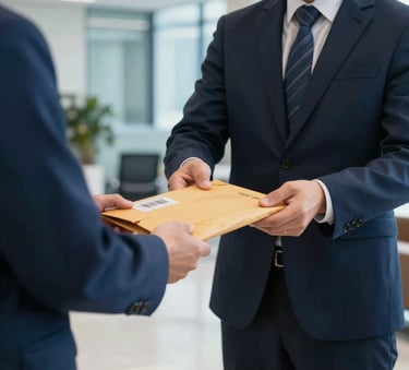 A professional North American / US corporate office lobby where a person in business attire is receiving a high-priority document envelope from a delivery professional. The lighting is bright and modern, using navy blue and ocean blue tones in the background architecture.
