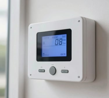 Close-up of a modern white alarm control panel with a glowing digital screen inside a bright Central American home with clean architectural lines.