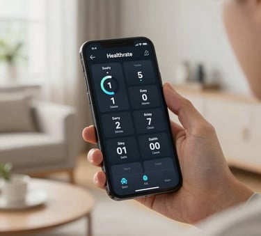 A high-tech health dashboard displayed on a modern smartphone, showing unified physical and mental health metrics, held by a person in a bright, airy North American home environment.