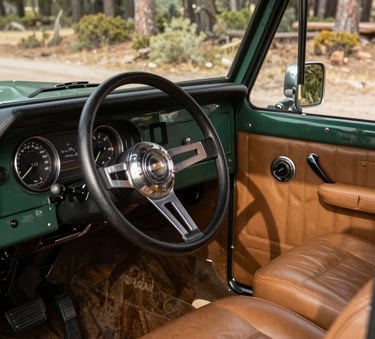 Close-up of a vintage Bronco interior featuring leather tan seats and a dark forest green metal dashboard, parked in a sun-drenched North American / US woodland.