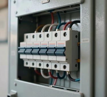A detailed close-up photograph of a modern residential electrical panel with neat wiring and circuit breakers, sharp focus, technical style, in a North American / US garage setting, lighting highlights the metallic textures.