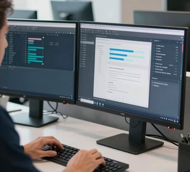 A close-up of a professional developer in a bright North American / US tech office, working on an interface design displayed on two sleek monitors. The room is filled with soft, natural light, highlighting clean modern lines and accents of deep blue and steel blue on the office furniture.