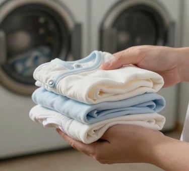 Close-up of soft, clean cotton baby clothes being carefully folded, North American / US laundry room background, soft morning light, light blue and off-white color palette.