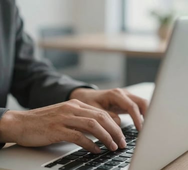 A close-up of professional hands working on a laptop in a bright Spanish / Iberian modern office, soft lighting, charcoal gray and off-white tones.