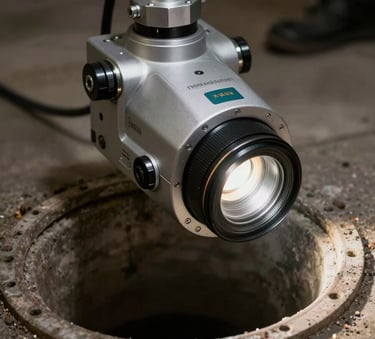 Close-up of a high-tech sewer camera being inserted into a pipe for inspection, technical lighting, Central European basement setting, professional atmosphere.