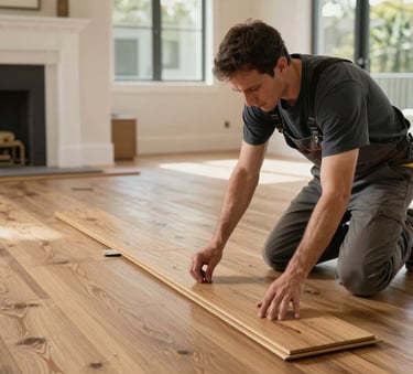 A professional installer carefully laying down wide-plank wood flooring in a bright, modern San Fernando Valley home with North American architectural details, warm natural light.