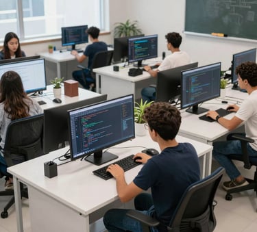 A high-angle shot of a modern IT classroom in Brazil. Students are focused on large monitors displaying code and design software. The room is bright with natural light, featuring clean white desks and ergonomic chairs. The atmosphere is professional and collaborative, with accents of steel blue and light grey in the decor.