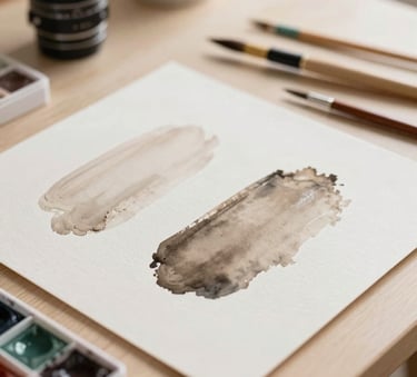Close up of watercolor paints, brushes and textures on a soft wooden table in a brightly lit French studio, artistic and peaceful setting, cream and taupe tones.