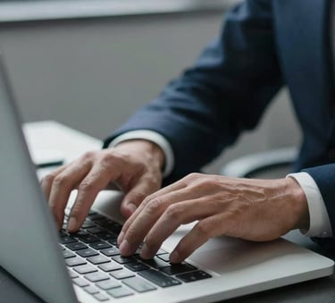 A close-up photograph of a professional's hands working on a modern laptop in a minimalist office setting, soft morning light, soft blue and dark navy tones, Global / English-speaking audience.