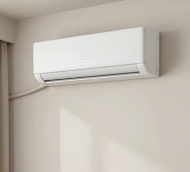 A modern, minimalist living room featuring a slim white wall-mounted air conditioner, off-white walls, professional interior photography, soft natural light, and clean lines.