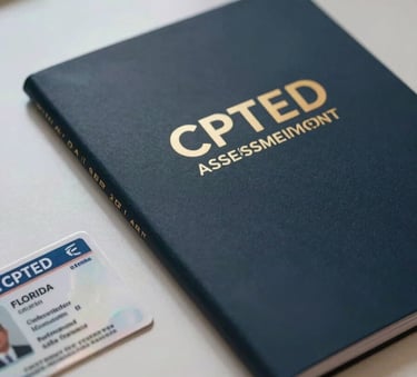 A close-up photograph of an official CPTED assessment report folder on a polished desk, with a Florida contractor's license card resting nearby. Lighting is professional and direct, with a color palette of dark charcoal navy and clean arctic white.