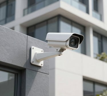 A modern security camera system installed on the exterior of a contemporary Indian architectural structure. The scene is bright and professional, using slate grey and white tones to emphasize modern safety.