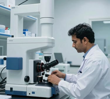 A crisp, professional photograph of a modern pathology laboratory in South Asia, featuring advanced medical equipment and a technician in a white coat working in a clean, bright space with light blue accents.