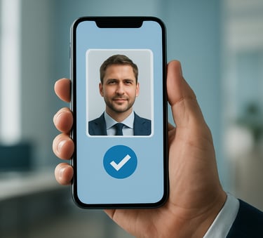 A close-up photograph of a smartphone held by a professional hand, displaying a secure digital ID with a verified badge. The background is a sophisticated corporate office in Light Blue and Off-White. Global / Corporate.