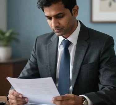 A focused South Asian professional in formal attire reviewing legal and financial documents in a sophisticated office setting with muted blue accents and soft natural lighting.