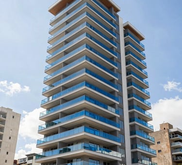 A wide-angle professional photograph of a modern residential building in a luxury South American / Brazilian neighborhood, bright daylight, highlighting clean architectural lines and vibrant indigo glass balconies.