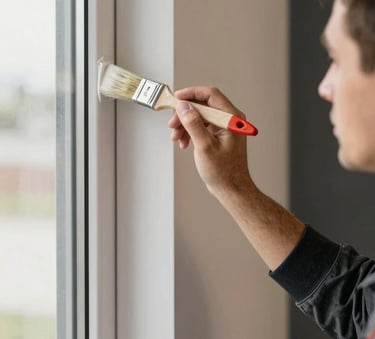 A close-up photograph of a professional painting contractor meticulously painting a window frame with a small brush in a modern North American residential interior. The lighting is bright and clean, highlighting the sharp lines and precision of the work. The color palette features light beige walls and dark black accents.
