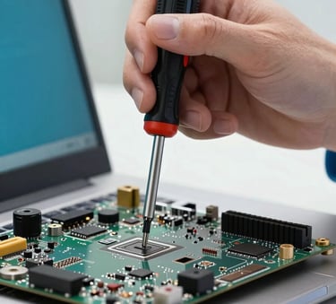 A close-up, high-definition shot of a technician's hand using a precision screwdriver on a laptop motherboard. The lighting is bright and professional, emphasizing a clean and expert service environment. Incorporates brand colors #2A5D7C and #F7FAFC.