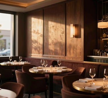 Elegant, empty high-end restaurant interior at golden hour, focusing on architectural details and sophisticated lighting, warm editorial photography, soft natural side-lighting, rich deep tones, shallow depth of field.