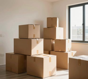 Photography of a modern and bright apartment interior in New Delhi, featuring neatly stacked high-quality cardboard boxes ready for a move, warm sunlight through a window, professional and clean atmosphere.