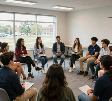 A wide shot of a community leadership workshop in Columbus, Ohio. Young individuals are participating in a group discussion in a contemporary community center with large windows, wearing professional yet approachable attire.