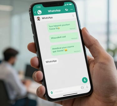 A close-up shot of a smartphone in a hand showing a professional WhatsApp conversation interface with human-like automated responses, in a modern South Asian / Indian office setting with Deep Teal and Light Mist accents, soft daylight.